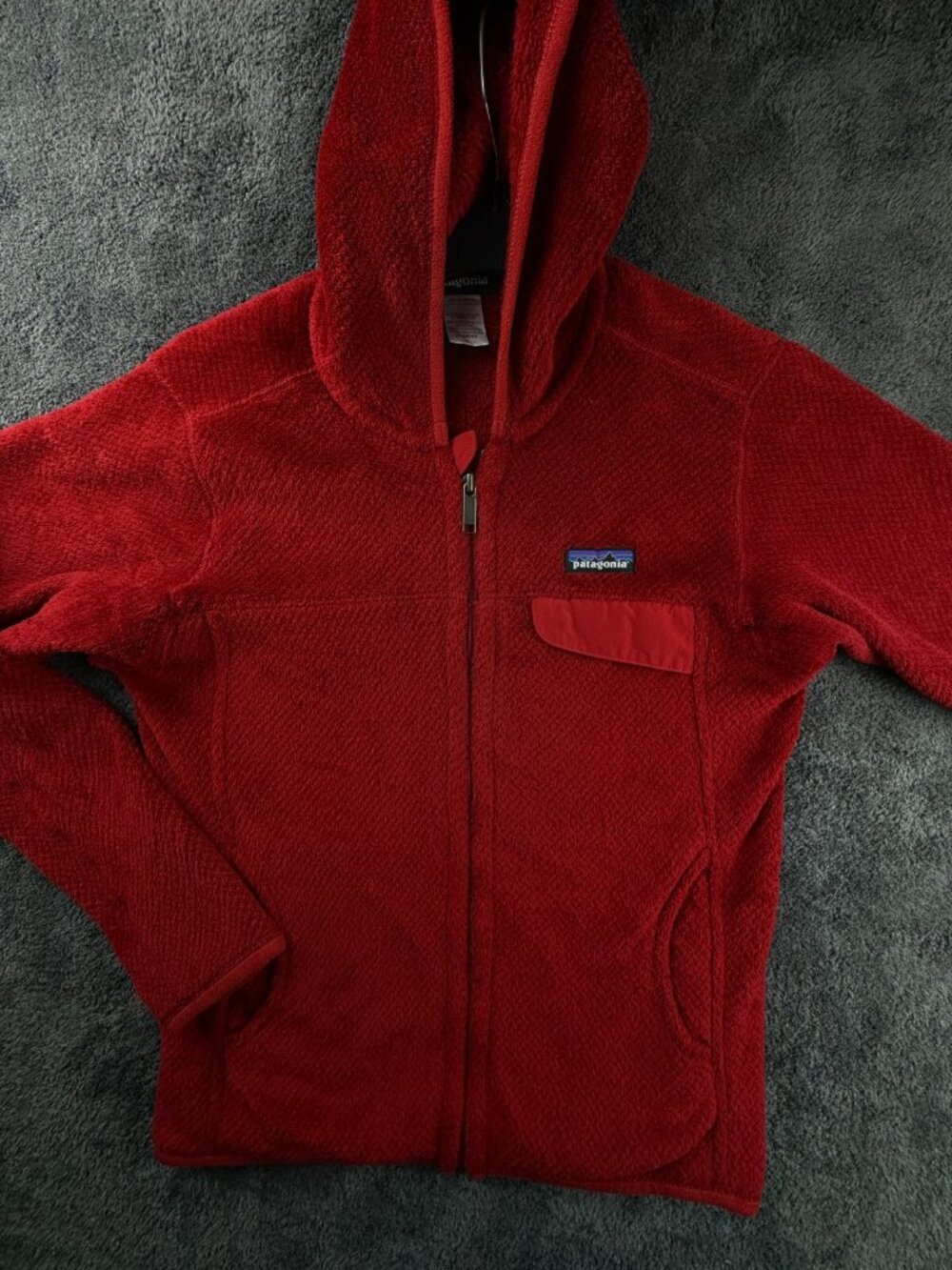 Patagonia Women Jacket Red Fuzzy Soft Full Zip Medium W Logo Outdoors Pockets**